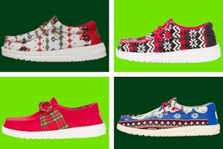 A variety of Hey Dude Holiday Shoes in kids', women's, and men's sizes on a light and dark green collage background.