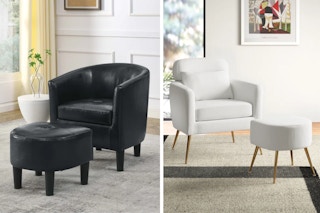A collage with one black and one cream-colored chair and ottoman set in a living space.