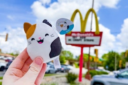 someone holding a squishmallow happy meal toy outside of mcdonalds