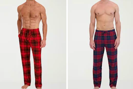 two model with plaid pajama pants