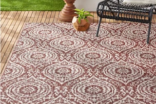lifestyle image of a red medallion print area rug on a patio