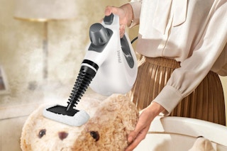 a woman steam cleaning a bear