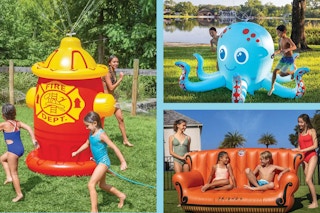 collage image of kids playing with large inflatable sprinklers