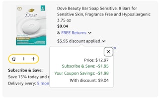 Dove beauty bars Amazon receipt