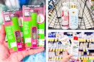 collage image of maybelline mascara, eucerin lotion, and dove body wash