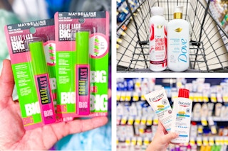 collage image of maybelline mascara, eucerin lotion, and dove body wash