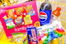 dollar general frito lay, pepsi, crunch, warheads, jet puffed, gatorlyte in a shopping cart