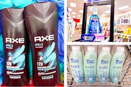 collage image of axe body wash, head & shoulders shampoo, and crest toothpaste and mouthwash