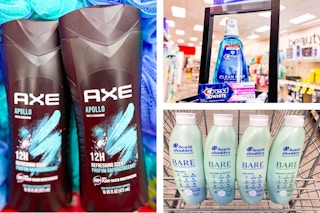 collage image of axe body wash, head & shoulders shampoo, and crest toothpaste and mouthwash