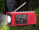 a red emergency radio on grass in the rain