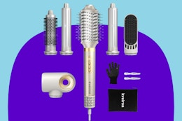 Kveiroa 6 in 1 Hot Air Brush & Hair Dryer on a purple background.
