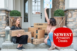 amazon packages on a porch with heather and joanie