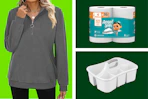 gray sweatshirt, white Sterilite storage, and Angel Soft toilet paper