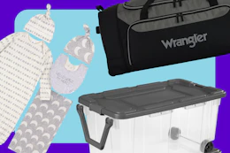 Gerber baby outfit, Wrangler luggage bag, Sterilite storage 2-pack