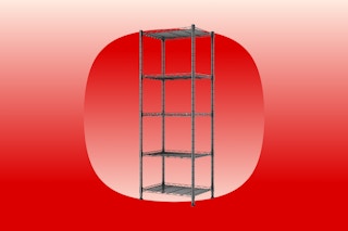 A black wire shelving rack with five tiers