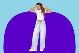 Celebrity Pink Wide Leg Jeans worn by model with a white tee