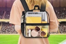 Woman wearing a clear mini backpack in a stadium.