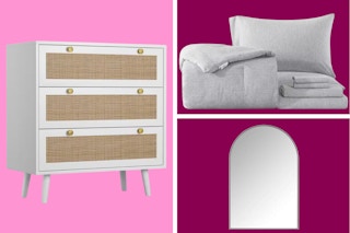 white rattan dresser, gray king bedding set, and arched mirror