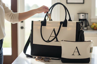 a woman using a monogram bag set