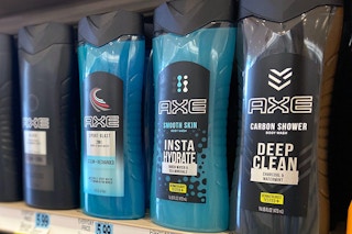 bottles of axe body wash on a store shelf