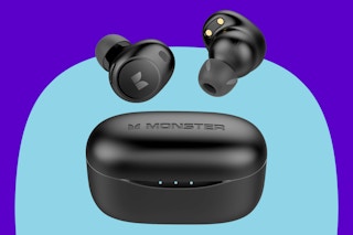 Monster earbuds on a blue background.
