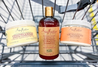 sheamoisture manuka honey shampoo, coconut hibiscus curl smoothie, and black castor oil leave in conditioner