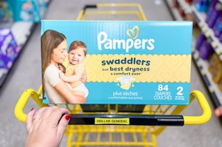 pampers diapers in a yellow shopping cart