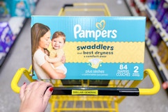 pampers diapers in a yellow shopping cart