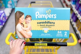 pampers diapers in a yellow shopping cart