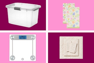 storage tote, Easter towels, scale, and sheet set