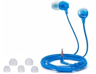 Blue Sony earbuds on a white background