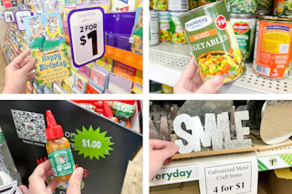 dollar tree heartline cards, canned vegetables, melinda's hot sauce, and metal signs 4-photo collage