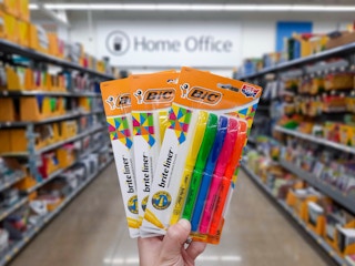 Three packages of BIC Brite Liner Highlighters held in Walmart home office aisle at Walmart