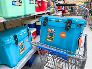 A blue Ozark Trail cooler inside a cart at Walmart