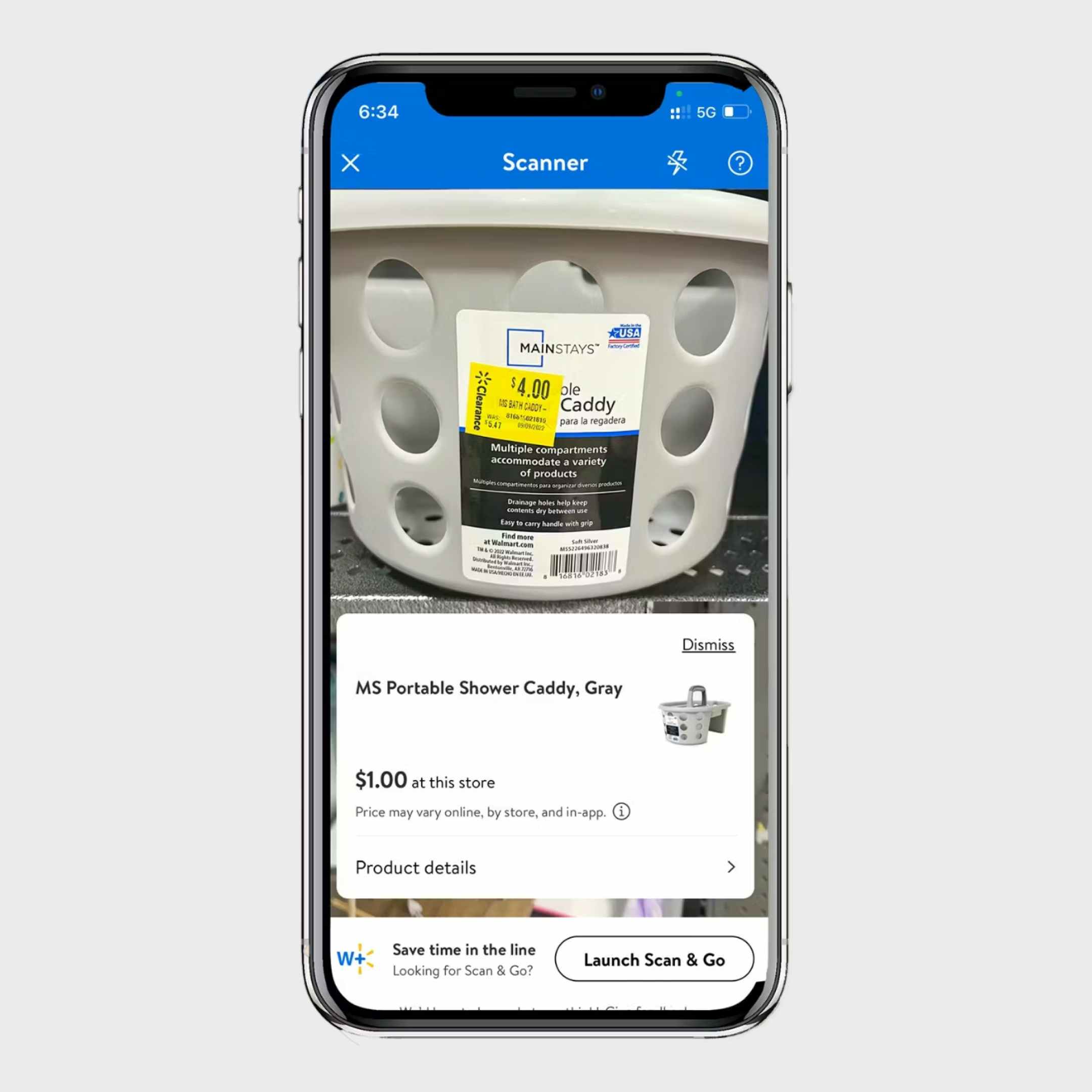 a graphic of an iphone showing the barcode scanner in the walmart app. The scanner is showing that a shower caddy priced on clearance for...