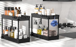 two organizers with products on a counter