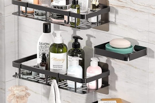Shower organizer shelves in a shower