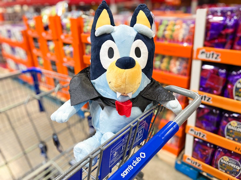 halloween bluey plush in a cart