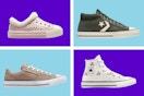 Converse shoes on a purple and blue collage background. 