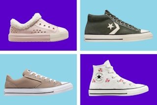 Converse shoes on a purple and blue collage background. 