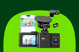 A two way dash camera is shown from the front and the back. It resembles an old school black camera but theres a full screen