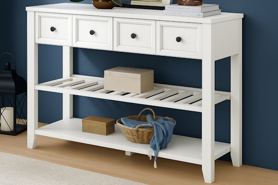 Lifestyle image of the white Walker Edison Furniture Company Solid Wood Buffet