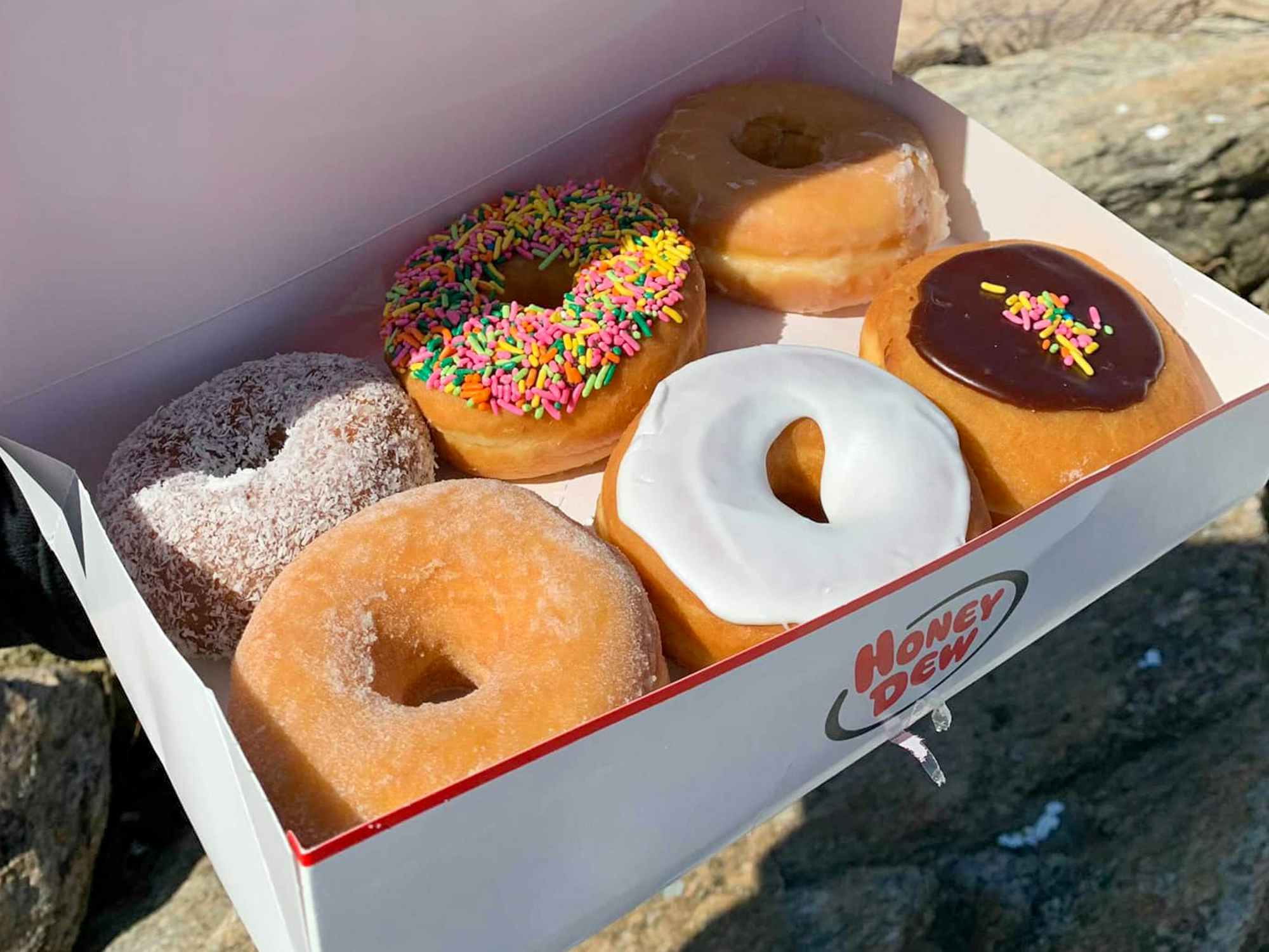 A box of doughnuts from Honey Dew