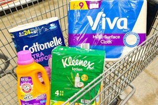best household deals detergent paper towels toilet paper in shopping cart