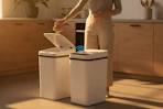a woman throwing trash away in a touchless trash can