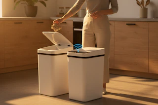 a woman throwing trash away in a touchless trash can