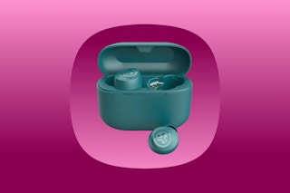 blue earbuds on pink background