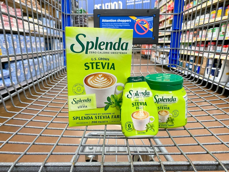 three containers of splenda stevia sweetener in walmart cart