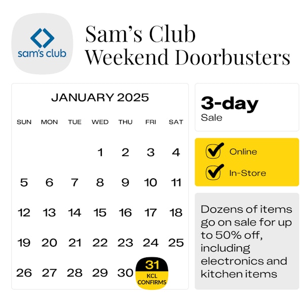 Calendar graphic showing the confirmed start day for the next Sam's Club Doorbuster event as Friday, January 31, 2025.