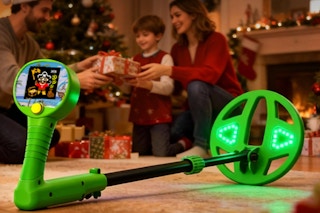 DR.ÖTEK Metal Detector for Kids in the foreground with a family gift giving for Christmas.